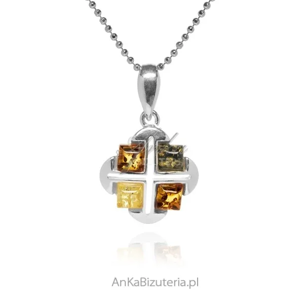 Zawieszka srebrna krzyż jerozolimski  z kolorowym bursztynem