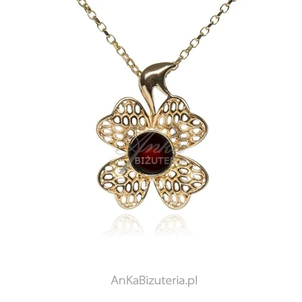 Zawieszka srebrna pozłacana z wiśniowym bursztynem kwiatek