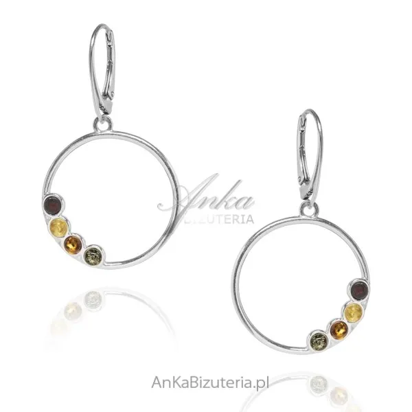 Kolczyki srebrne kółka z kolorowym bursztynem