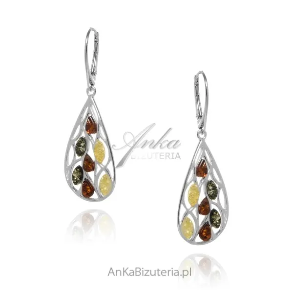 Kolczyki srebrne z kolorowym bursztynem marie