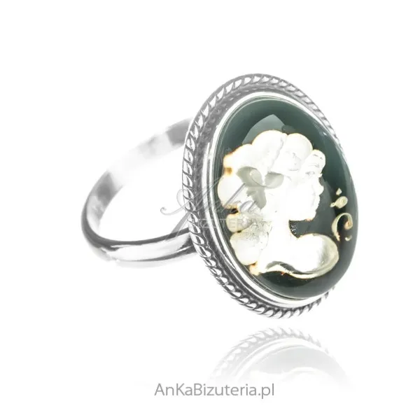 Pierścionek srebrny regulowany kamea z bursztynem