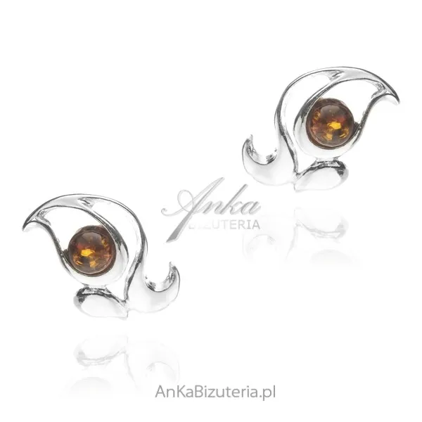 Kolczyki dziecięce srebrne z bursztynem kotki