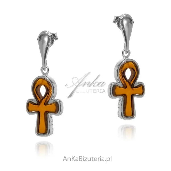 Kolczyki srebrne  z koniamowym bursztynem ankh