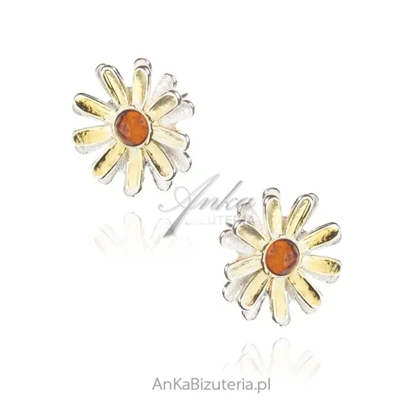 Kolczyki srebrne stokrotki z bursztynem i pozłacane
