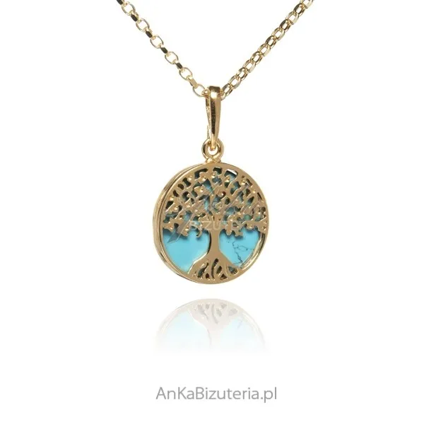Zawieszka srebrna pozłacana z niebieskim turkusem drzewko szczęścia  - rozm. s