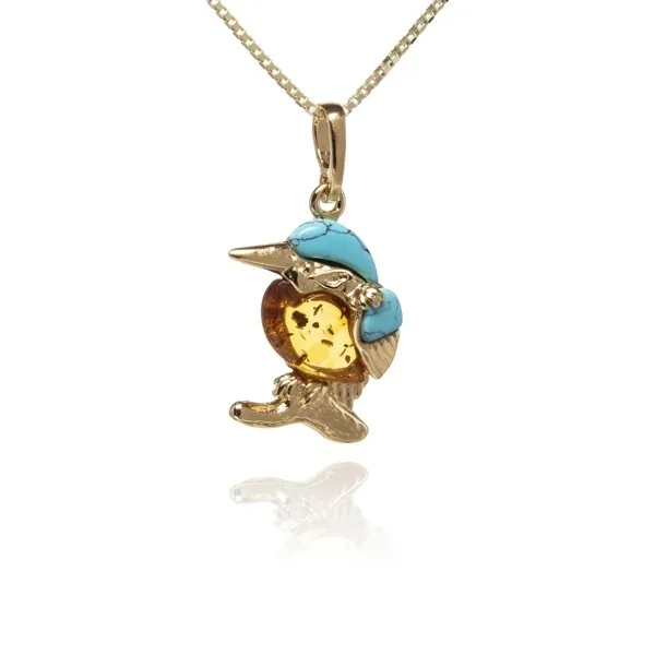 Zimorodek zawieszka srebrna pozłacana z bursztynem i turkusem