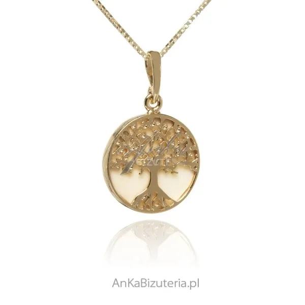 Piękne pozłacane drzewko szczęścia z  białym bursztynem mała - srebro pr. 925