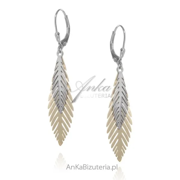 Kolczyki srebrne liście paprotki połączenie srebra ze srebrem pozłacanym