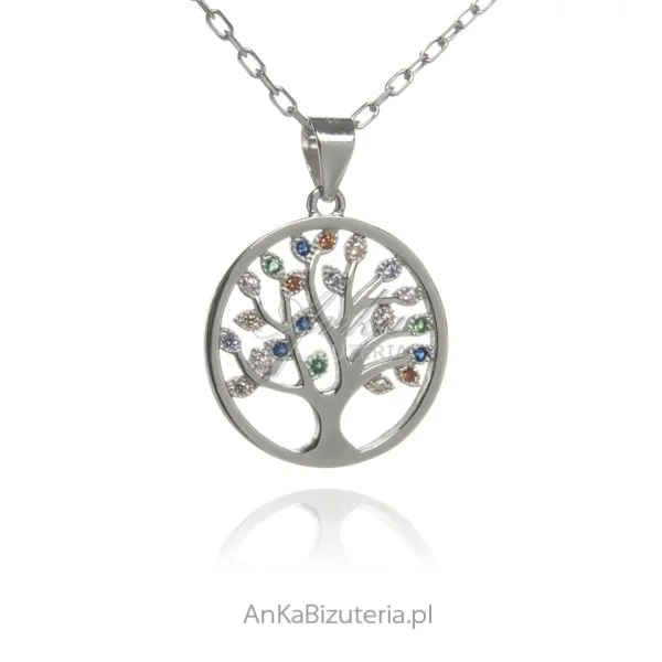 Zawieszka srebrna z kolorowymi cyrkoniamii drzewko szczęścia