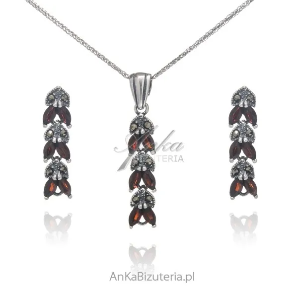 Komplet bizuteria srebrna z granatami i markazytami  hana