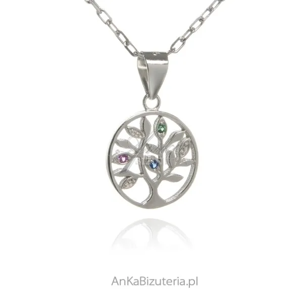 Zawieszka srebrna drzewko szczęścia - małe z kolorowymi cyrkoniami
