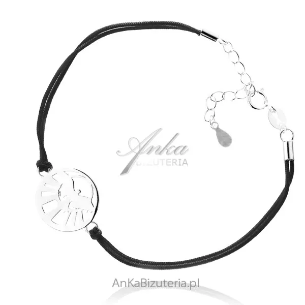 Bransoletka srebrna znak ducha św. na brązowym sznureczku - pamiątka na bierzmowanie