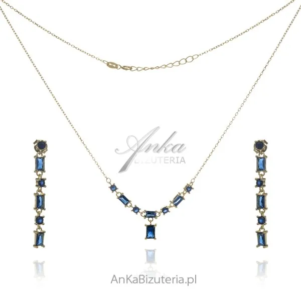 Kolczyki i naszyjnik srebrny pozłacany z szafirowymi cyrkoniami