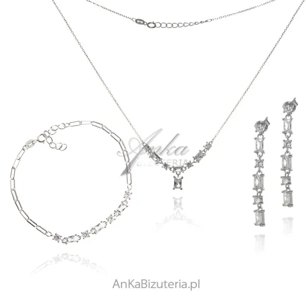 Kolczyki, naszyjnik i bransoletka srebrny z białą  cyrkonią
