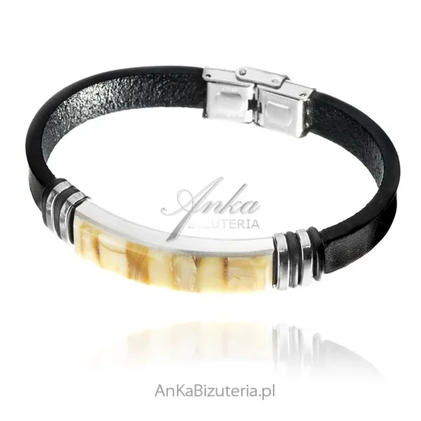 Bransoletka  ze skóry i żółtego bursztynu unisex