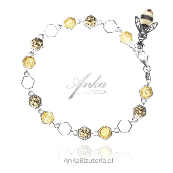 Bransoletka srebrna z bursztynem pszczoła na plastrach miodu