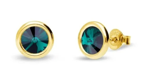 Kolczyki srebrne pozłacane 24  k złotem  kryształy w kolorze emerald