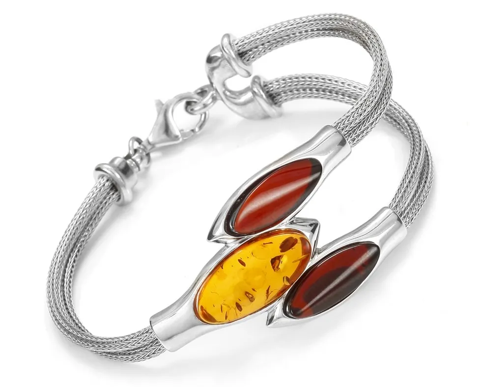 Piękna bransoletka srebrna z bursztynem z łańcuszkiem calza