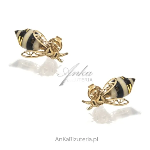Kolczyki srebrne pozłacane pszczółki z bursztynem