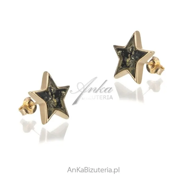 Kolczyki srebrne pozłacane gwiazdki z zielonym bursztynem