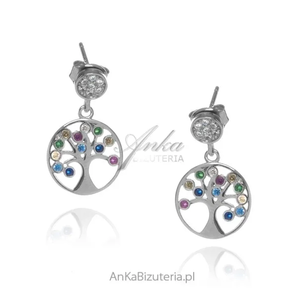 Kolczyki srebrne drzewka szczęścia z kolorowymi cyrkoniami