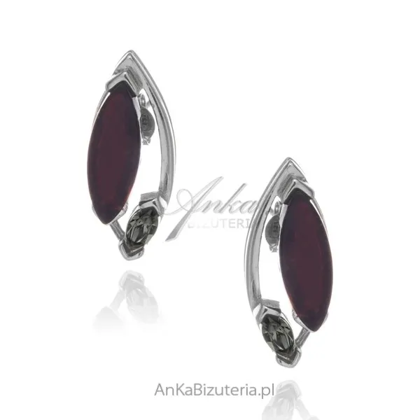 Eleganckie kolczyki srebrne z wiśniowym bursztynem i kwarcem dymnym