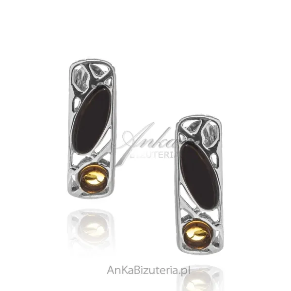 Kolczyki srebrne z koniakowym i wiśniowym bursztynem