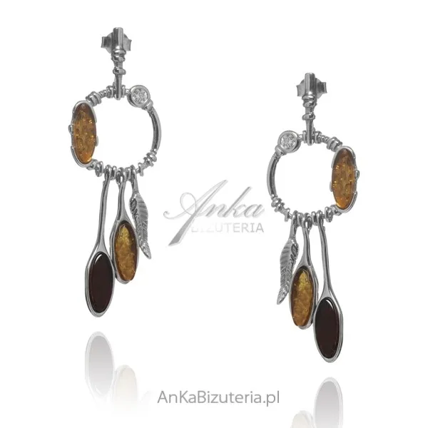 Kolczyki srebrne z bursztynem w kolorze wiśni i koniaku  rodowane z białą cyrkonią