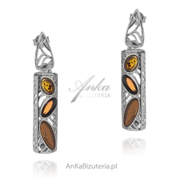 Kolczyki srebrne z bursztynem  - wiśnia i koniak - klasa i elegancja