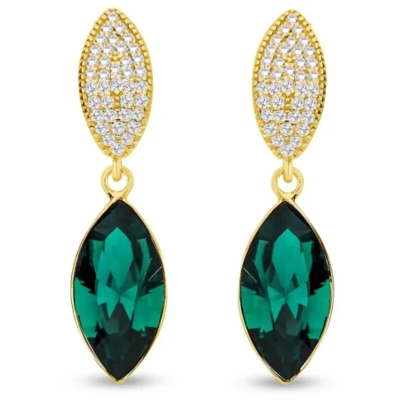 Kolczyki srebrne pozłacane  thalia z białymi mikrocyrkoniami i zieloną emerald