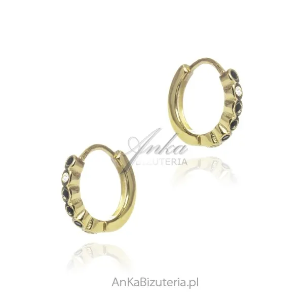 Kolczyki srebrne pozłacane  kółeczka z czarną emalią