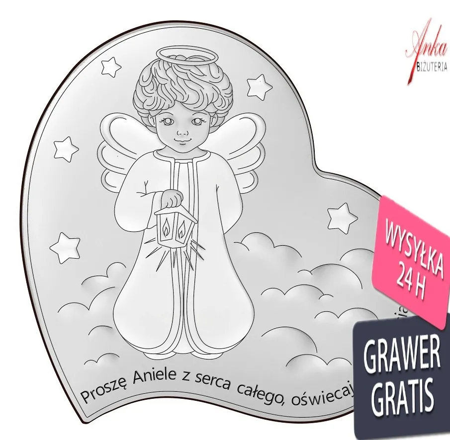 Obrazek srebrny aniołek z latarnią światła w sercu  10*10 cm