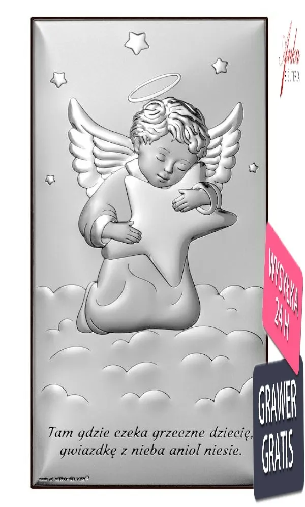 Obrazek srebrny aniołek z gwiazdką 7*14 cm