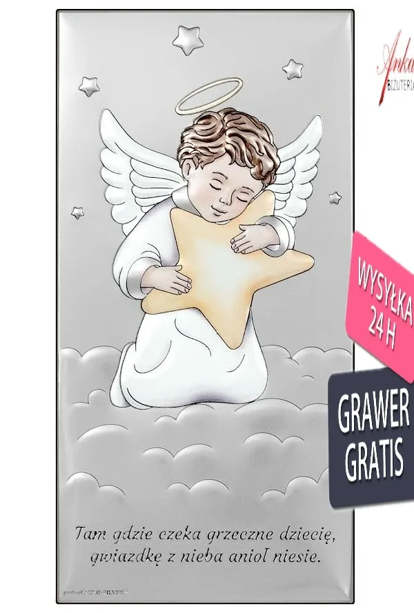 Obrazek srebrny aniołek z gwiazdką  7*14 cm