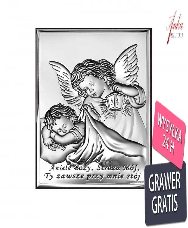 Srebrny obrazek aniołek z latarenką nad dzieckiem 9* 13 cm "aniele boży.."