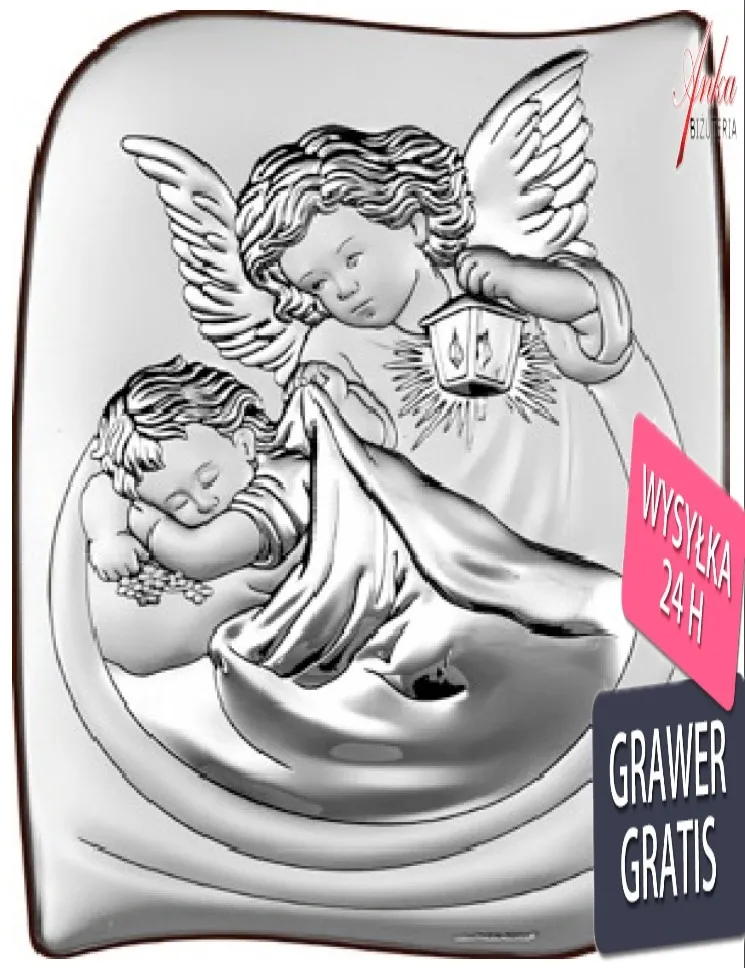 Srebrny obrazek aniołek z latarenką nad dzieckiem 8* 10 cm