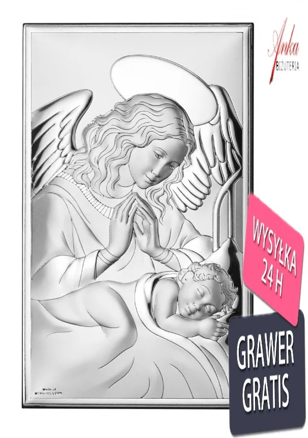 Obrazek srebrny aniołek nad dzieciątkiem 7*11 cm