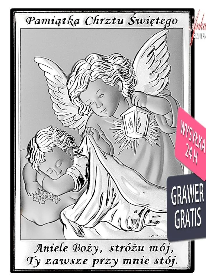 Obrazek srebrny aniołek nad dzieciątkiem 6*9 cm  -pamiątka chrztu św.