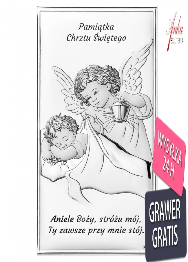 Obrazek aniołek srebrny  nad dzieciątkiem 5 cm* 10 cm