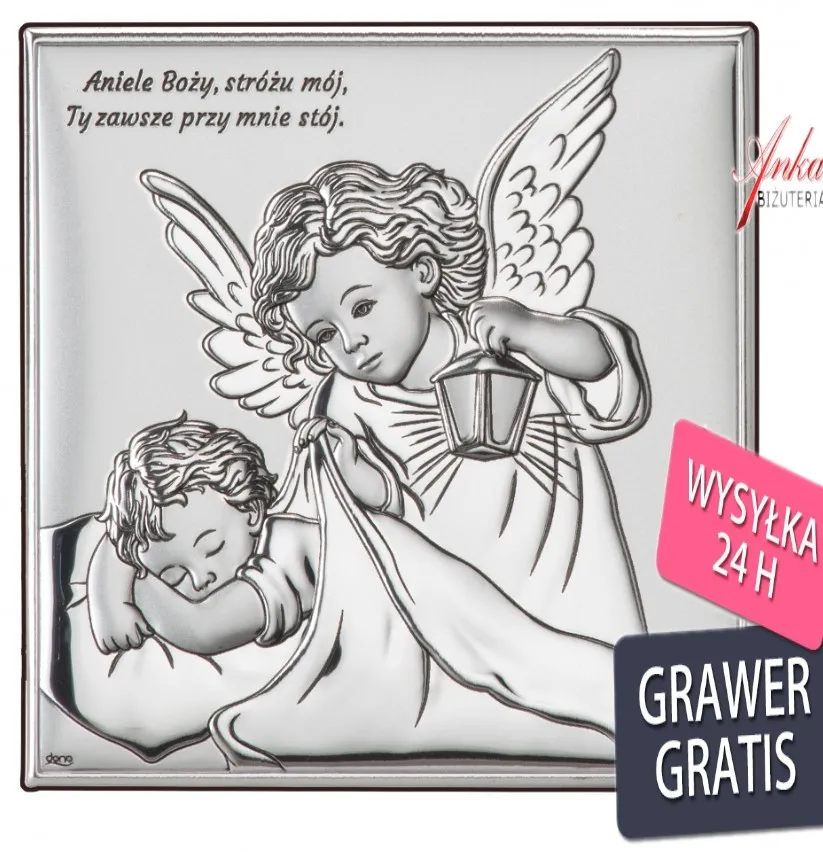 Obrazek srebrny aniołek nad dzieciątkiem 11*11 cm - "aniele bozy stróżu mój.."