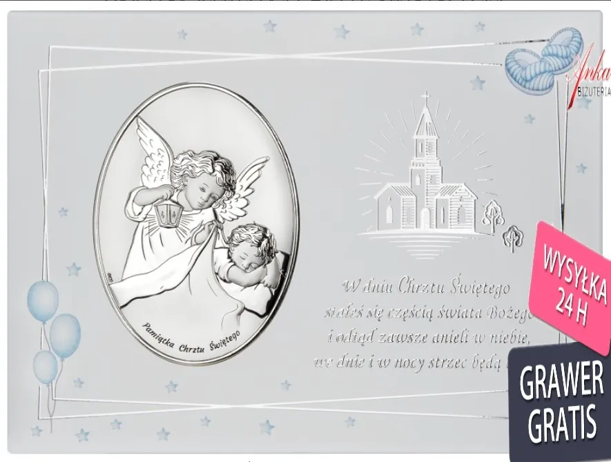 Obrazek srebrny na panelu pamiątka chrztu św.  - owalny- 20*15 cm dla chłopca