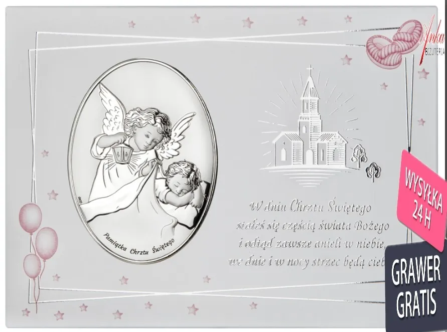 Obrazek srebrny na panelu pamiątka chrztu św. - owalny- 20*15 cm dla dziewczynki