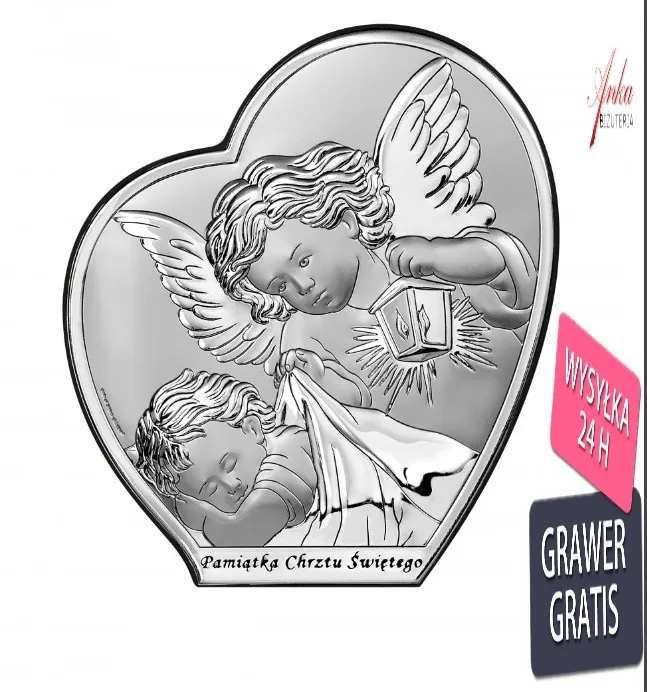Obrazek srebrny aniołek nad dzieciątkiem 9*10 cm -pamiątka chrztu św.