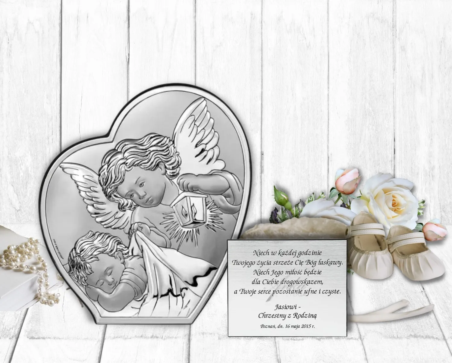 Obrazek srebrny aniołek nad dzieciątkiem 9*10 cm