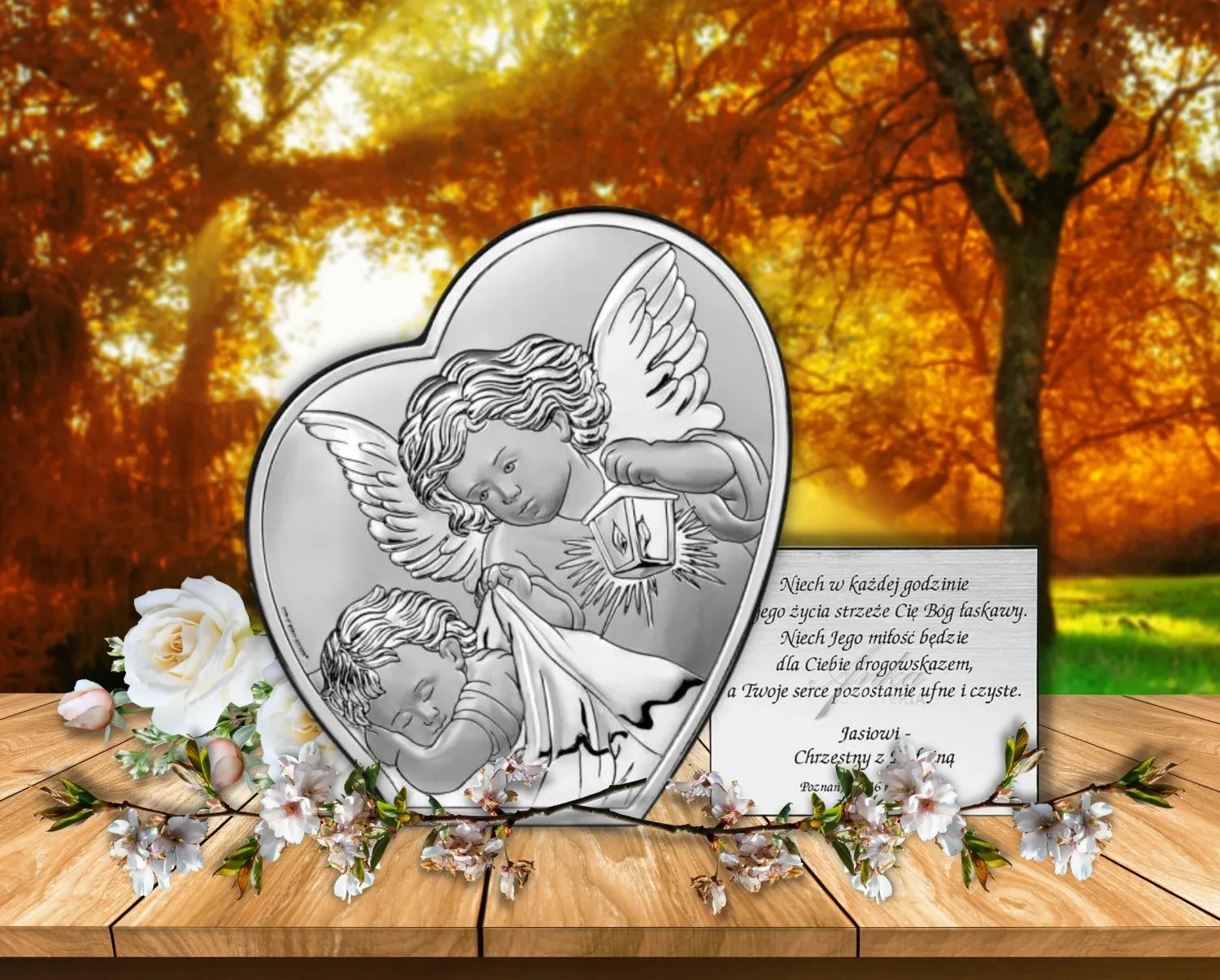 Obrazek srebrny aniołek nad dzieciątkiem 12*14 cm