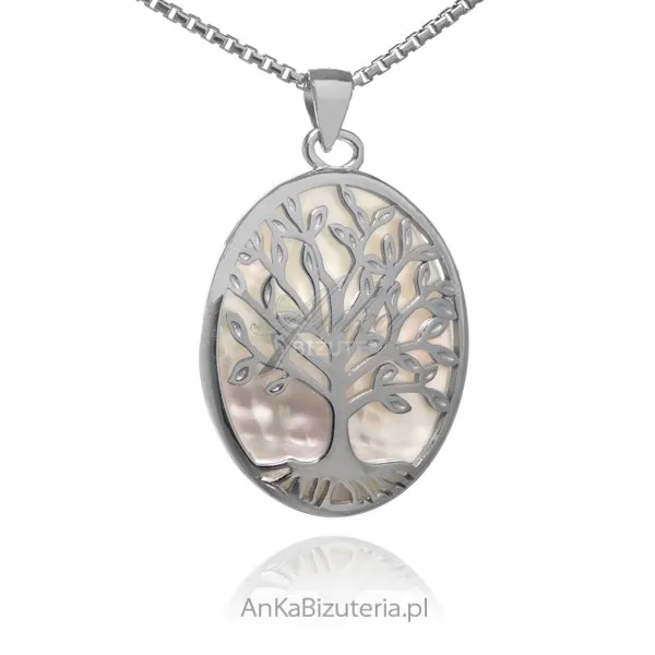 Srebrna zawieszka z białą masą perłową drzewko szczęścia