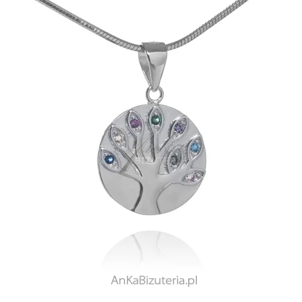Srebrna zawieszka  drzewko szczęścia z kolorową cyrkonią