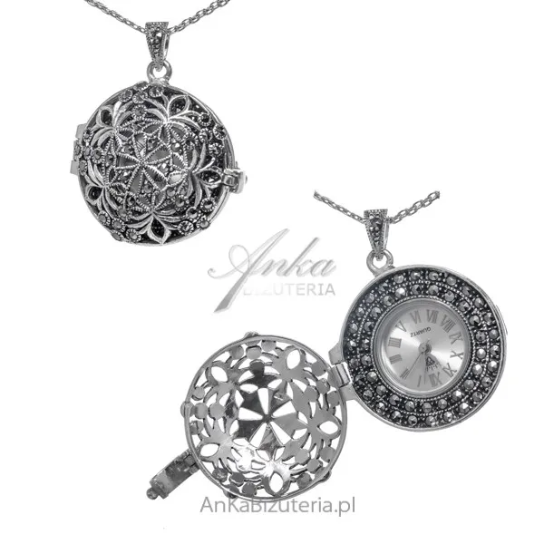 Srebrna zawieszka zegarek puzderko z markazytami