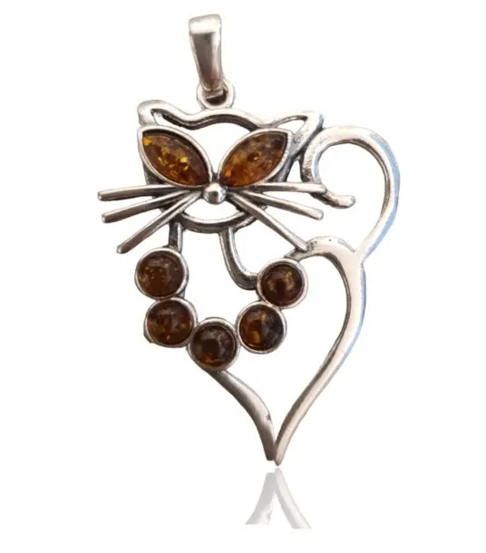 Biżuteria srebrna z bursztynem  dostojny kot