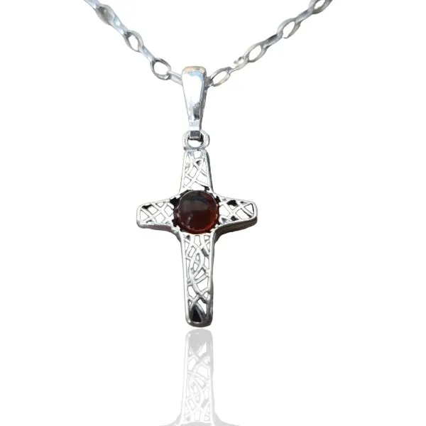 Krzyżyk srebrny z bursztynem ażurowy